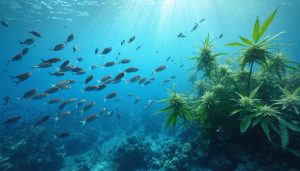 A captivating scene illustrating the symbiotic relationship between marine life and CBD oils, featuring a bustling coral reef teeming with fish, with delicate hemp leaf patterns subtly integrated into the horizon, representing the healing potential for ocean conservation.