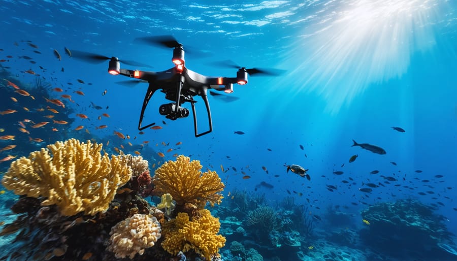 An underwater drone deploying coral fragments over a healthy coral reef, surrounded by marine life in bright, clear ocean water as sunlight filters through from above.