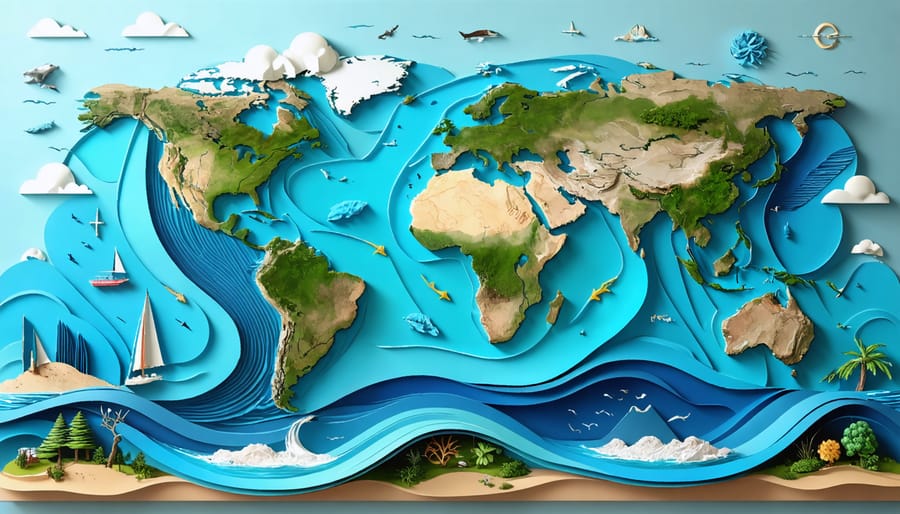 An illustration showing various ocean currents like the Gulf Stream and the Atlantic Meridional Overturning Circulation, with arrows indicating the flow of warm and cold waters, highlighting their role in regulating climate and marine life.