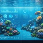 3D visualization of a digital marine ecosystem with various marine species and AI data analysis overlays, representing the fusion of technology and marine ecology.
