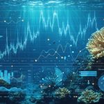 An underwater marine ecosystem showcasing coral reefs and fish with overlaid Bayesian statistical graphs and probability distributions, illustrating the fusion of marine ecology and advanced statistical modeling.
