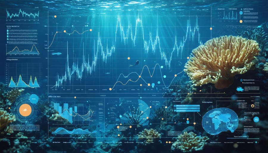 An underwater marine ecosystem showcasing coral reefs and fish with overlaid Bayesian statistical graphs and probability distributions, illustrating the fusion of marine ecology and advanced statistical modeling.