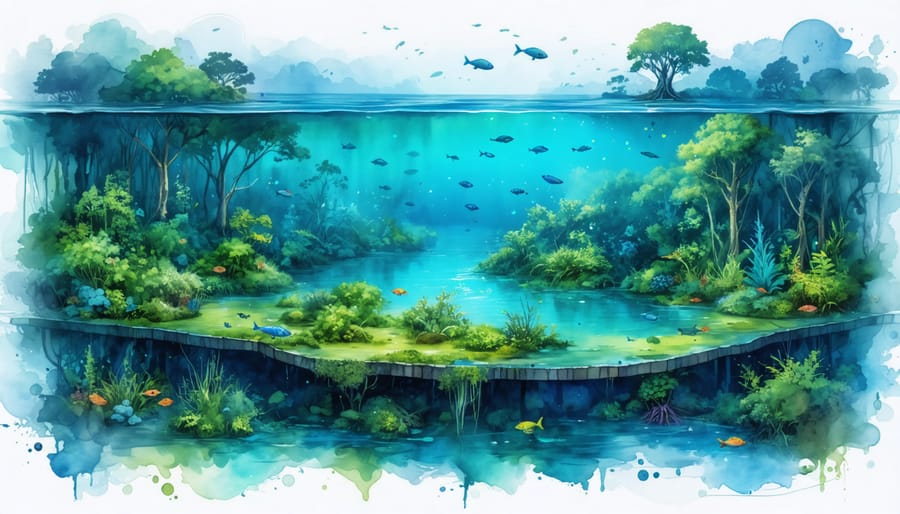 Illustrative depiction of interconnected blue carbon ecosystems, showcasing mangroves, seagrasses, and salt marshes with marine life, carbon-rich roots, and community conservation activities to highlight their climate change mitigation role.
