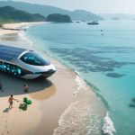 A solar-powered autonomous marine waste collector operating near a clean, popular beach with tourists actively participating in eco-friendly activities to preserve the environment.