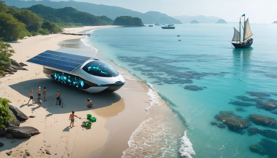 A solar-powered autonomous marine waste collector operating near a clean, popular beach with tourists actively participating in eco-friendly activities to preserve the environment.