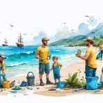 An illustrative scene of diverse community members, including scientists, fishermen, and children, collaborating in a coastal cleanup and citizen science project, emphasizing the theme of community engagement in marine conservation.
