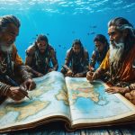 Indigenous elders and marine scientists immersed in a collaborative study, surrounded by a blend of traditional navigation maps and modern GPS equipment, illustrating the fusion of traditional and scientific approaches to marine conservation.