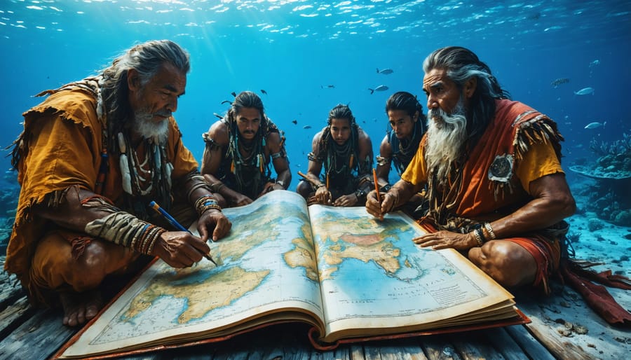 Indigenous elders and marine scientists immersed in a collaborative study, surrounded by a blend of traditional navigation maps and modern GPS equipment, illustrating the fusion of traditional and scientific approaches to marine conservation.
