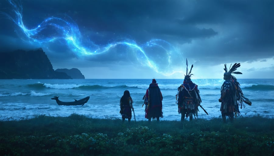 Indigenous elders and young community members standing on a shoreline, symbolically connected to the ocean through spiritual light, with marine life depicted in their surroundings.