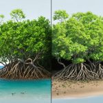 Side-by-side visual contrast of healthy and damaged mangrove ecosystems; one side displays rich vegetation and wildlife, the other shows degraded, submerged foliage due to sea level rise.