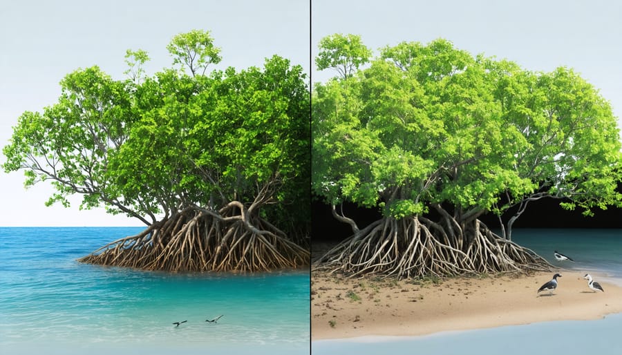 Side-by-side visual contrast of healthy and damaged mangrove ecosystems; one side displays rich vegetation and wildlife, the other shows degraded, submerged foliage due to sea level rise.