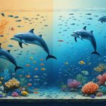 An illustration depicting a vibrant, healthy coral reef gradually transitioning into bleached corals affected by rising temperatures, alongside various marine species such as dolphins and fish migrating through changing ocean currents, representing adaptive strategies in Marine Protected Areas.