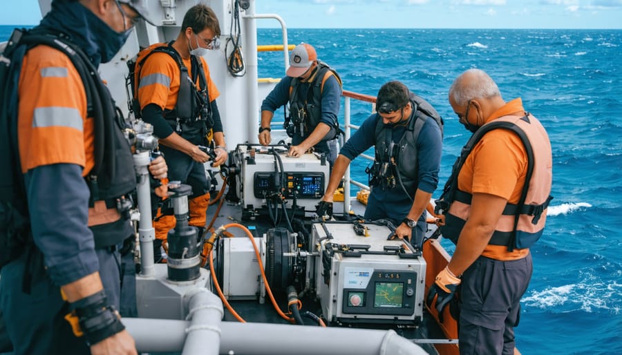 A diverse team of marine conservationists on a research vessel conducting marine life monitoring and tracking, exemplifying international cooperation for ocean conservation.