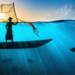 Artistic depiction of a Maya fisherman casting a traditional net from a canoe in the Yucatan's waters, symbolizing indigenous marine knowledge and conservation.