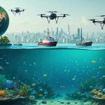 Digital collage depicting marine pollution control innovations: waste collection system, cleanup drones, thriving marine life, and a cityscape representing collaborative conservation efforts.