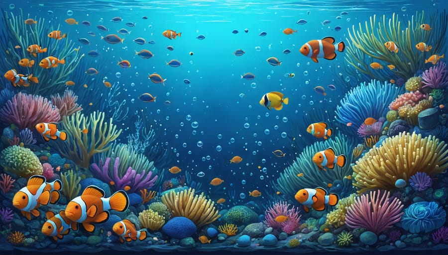 Conceptual illustration of an underwater ecosystem with various marine species interacting symbiotically, including cleaner fish with larger fish, parrotfish grazing among coral, and sea anemones with clownfish, representing the interconnected nature of marine biodiversity.