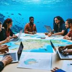 A diverse coalition of individuals, including scientists, community leaders, and eco-tourism operators, collaborating on marine conservation plans with ocean and coral backgrounds.