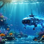 Conceptual illustration of an autonomous underwater vehicle with digital data streams interacting with marine life, signifying AI-powered ocean monitoring and conservation.