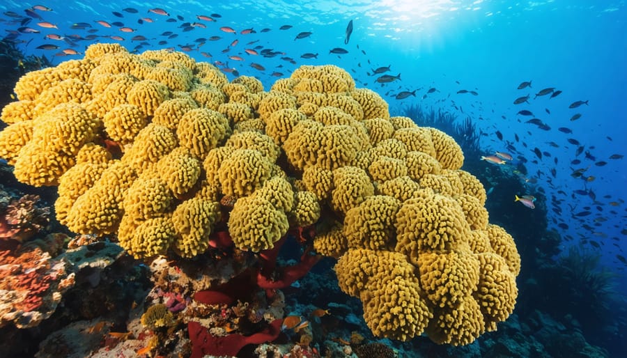 A colorful coral reef showcasing vibrant corals supported by golden-brown zooxanthellae algae. Various marine species swim among the corals, highlighting the reef's biodiversity. A section of bleached coral provides a contrast to the thriving ecosystem.