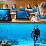 Conceptual image depicting the integration of classroom learning and marine field experiences, with a teacher in scuba gear guiding students through a digital visualization of ocean life.