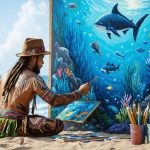 An indigenous artist passionately painting a large mural on a coastal wall, blending traditional symbols and contemporary styles to depict marine life and conservation themes, set against the backdrop of a vibrant ocean landscape.