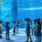 Visitors of various ages engaging with interactive marine biology exhibits, including touch tanks and virtual reality, at a marine education center highlighting eco-tourism and ocean conservation.
