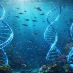 Artistic depiction of marine life interconnected by DNA strands, symbolizing the role of genomics in understanding and conserving ocean biodiversity.
