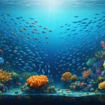 An illustration of diverse marine life displaying adaptation behaviors, including heat-resistant corals and varied fish species, symbolizing resilience in changing ocean conditions.