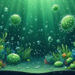 An artistic depiction of marine microbes actively breaking down pollutants in an underwater scene, highlighting the role of bacteria, fungi, and algae in cleaning ocean waters.