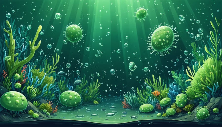 An artistic depiction of marine microbes actively breaking down pollutants in an underwater scene, highlighting the role of bacteria, fungi, and algae in cleaning ocean waters.