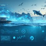 Conceptual illustration of a cutting-edge marine radar station projecting radar waves across the ocean, highlighting various marine life forms and showcasing advanced data integration and AI capabilities.