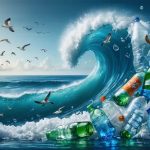 Conceptual image depicting a giant wave composed of plastic debris, including bottles and bags, crashing towards the ocean, with distressed marine animals entangled in the plastic, illustrating the impact of plastic pollution on marine life.