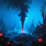 An underwater geothermal vent emitting dark plumes surrounded by a lively community of red-tipped tube worms, crabs, and extremophiles against the dark ocean backdrop, illustrating the vibrant life around deep-sea thermal oases.