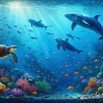 A vibrant underwater scene depicting colorful coral reefs, various fish species, sea turtles, and a group of humpback whales, illustrating the thriving biodiversity within a marine protected area.