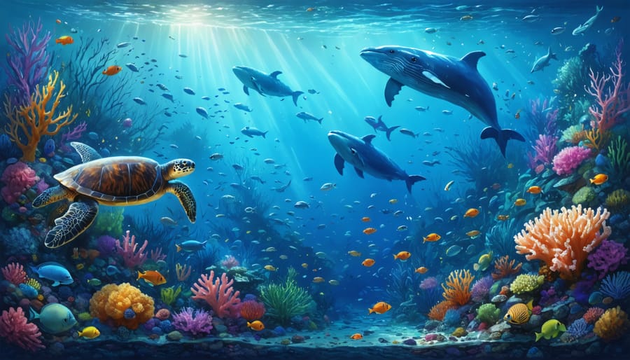 A vibrant underwater scene depicting colorful coral reefs, various fish species, sea turtles, and a group of humpback whales, illustrating the thriving biodiversity within a marine protected area.