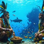 A visually rich illustration of the Xi Amaru tribe engaged in marine conservation, showcasing traditional and modern practices. The image features tribal elders and marine scientists working together, vibrant coral reefs, diverse fish species, and marine mammals, along with tribal members using both hand-woven nets and modern technology for sustainable resource management.