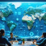 Diverse group of stakeholders examining a digital map of coastal management zones, with a coral reef in the background, symbolizing the collaborative efforts in marine conservation.