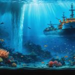 A powerful underwater scene showcasing the stark contrast between a vibrant marine ecosystem and an industrial deep-sea mining operation, with sediment clouds threatening coral reefs and marine life.