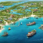 An illustrated coastal scene showing harmonious interaction between diverse stakeholders and nature; including healthy mangroves, vibrant coral reefs, local fishermen, tourists, and eco-friendly infrastructure, representing the balance sought in Integrated Coastal Management.