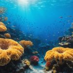 Researchers conducting advanced marine biotechnology research amidst a vibrant coral reef, symbolizing the integration of technology and ocean conservation.