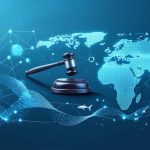 Conceptual image showing elements of marine life, a legal gavel, and technology symbols like satellite waves, representing the intersection of science and law in ocean policy enforcement.