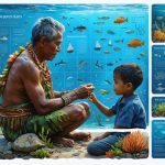 Elder teachin' youth about Micronesian marine traditions, with imagery of traditional navigation and marine life, symbolizing the fusion of ancient wisdom and modern conservation efforts.