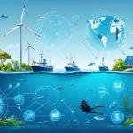 Illustration showcasing interconnected sectors of the blue economy, including sustainable fishing, renewable energy, eco-tourism, and marine biotechnology, with emphasis on circular economy principles and marine conservation.