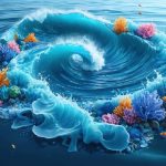 Vibrant image illustrating swirling currents of colorful microplastic particles in the ocean, emphasizing their environmental impact and interaction with marine life.