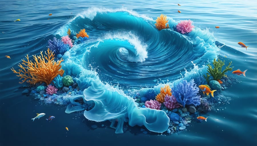 Vibrant image illustrating swirling currents of colorful microplastic particles in the ocean, emphasizing their environmental impact and interaction with marine life.