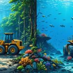 Split-view illustration showing a thriving marine ecosystem with mangroves and coral reefs on one side, and coastal development with construction machinery on the other, illustrating the impact of human activity on marine environments.