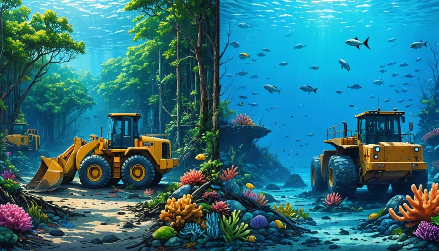 Split-view illustration showing a thriving marine ecosystem with mangroves and coral reefs on one side, and coastal development with construction machinery on the other, illustrating the impact of human activity on marine environments.