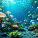 Underwater scene depicting colorful ocean microbes interacting with coral reefs and marine life, symbolizing the role of microorganisms in restoring marine ecosystems.
