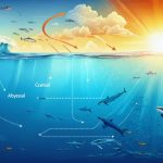 An artistic representation of ocean temperature zones showing warm surface layers to cooler deep waters, with arrows indicating ocean currents and hints of marine life integrated into the design.