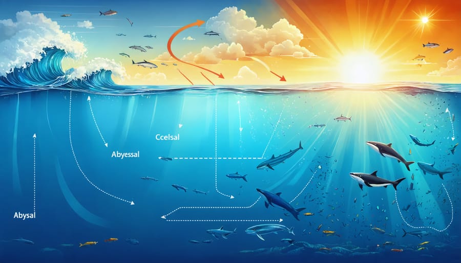 An artistic representation of ocean temperature zones showing warm surface layers to cooler deep waters, with arrows indicating ocean currents and hints of marine life integrated into the design.